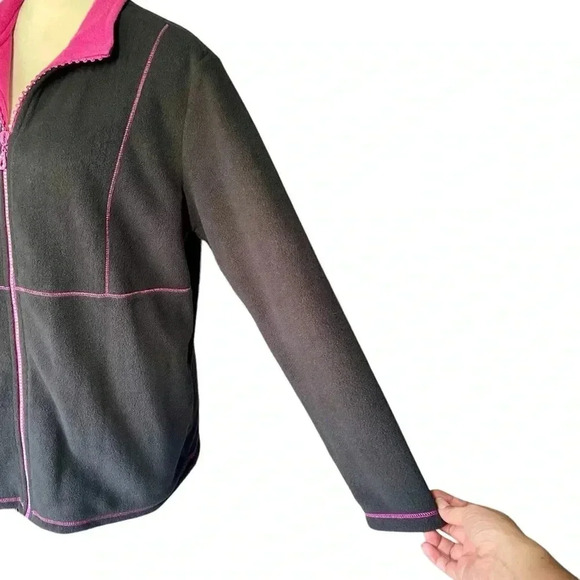 Quacker Factory Rhinestones Pink Zipper Black Fleece Comfy Sweater Women Size L - Picture 4 of 9